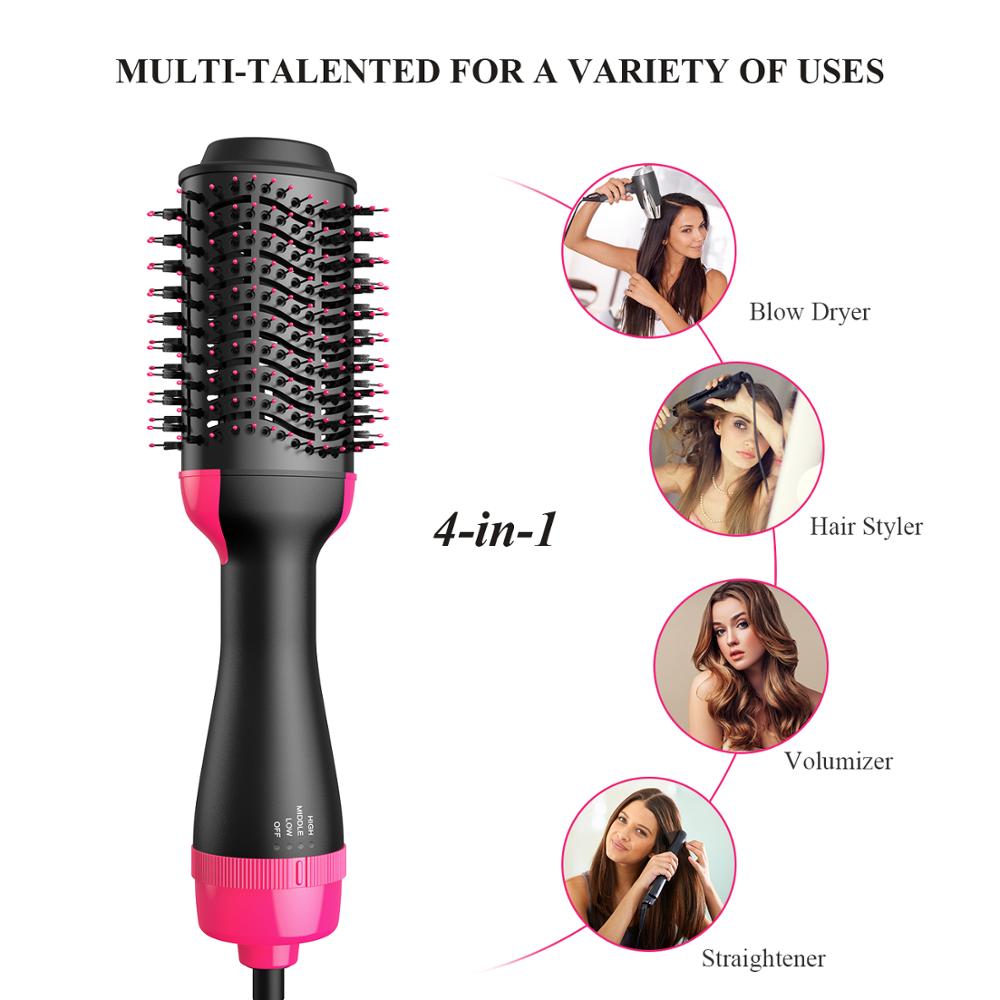 One Step Hot Air Brush – 4-in-1 Hair Dryer, Straightener, Curler & Volumizer with Ionic Ceramic Titanium Barrel